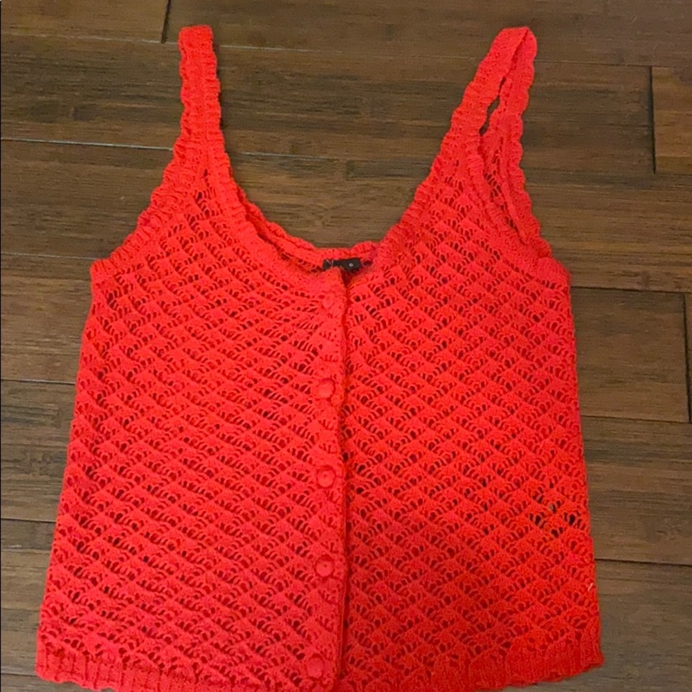 Red button up knit top